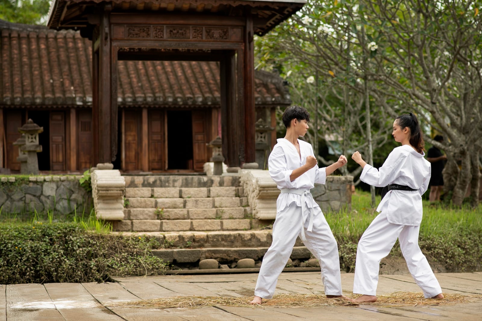 Two adults in white karate gis face off in fighting stances on a stone path in front of a temple.